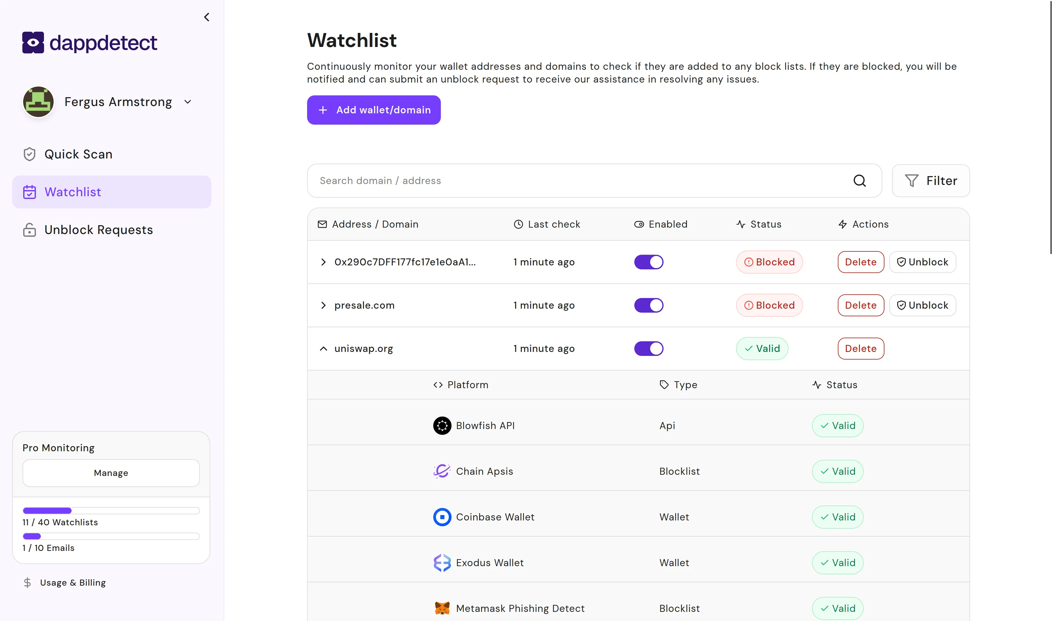 Screenshot of the dappdetect dashboard