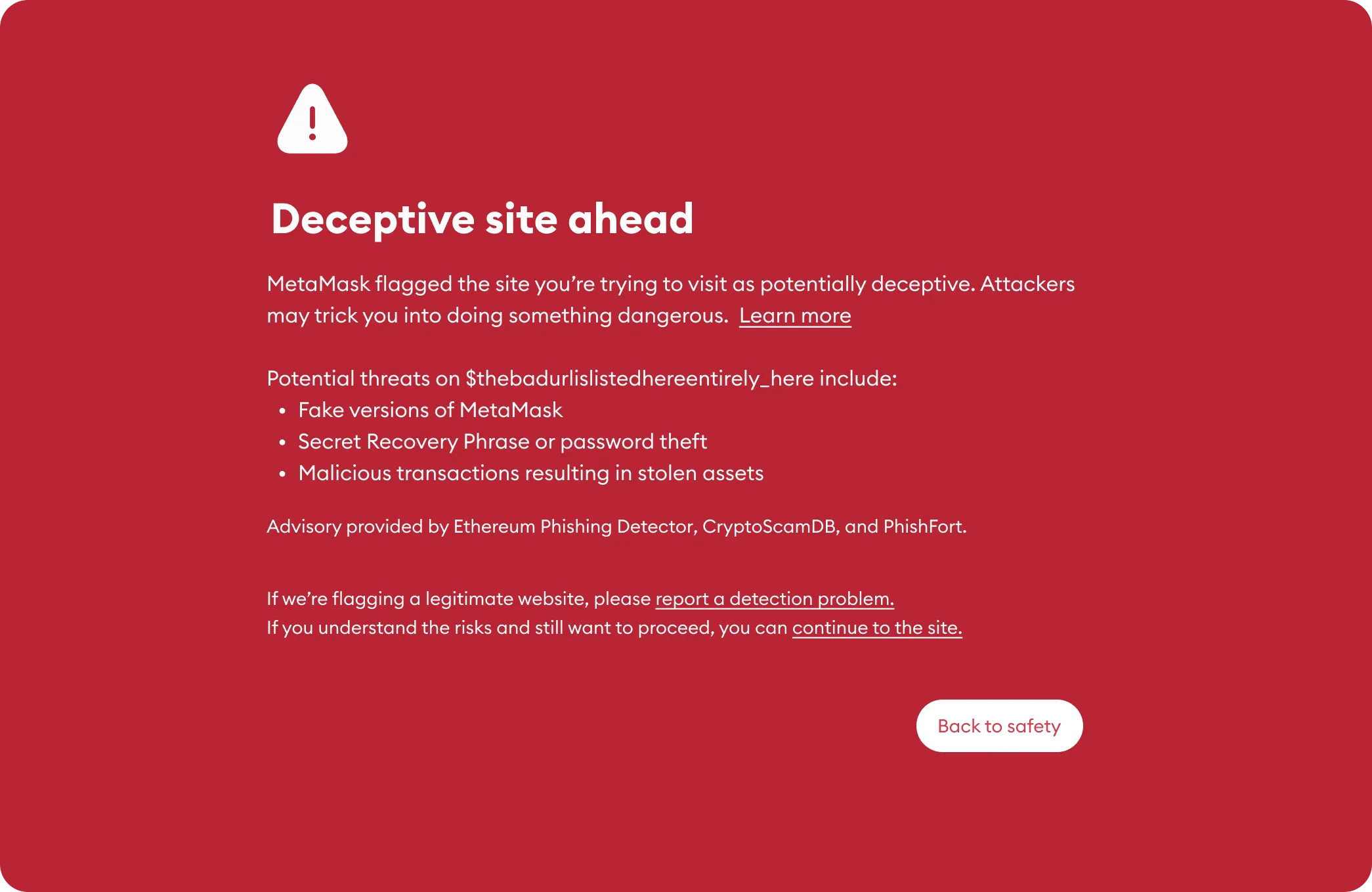 Metamask warning page for scam detection